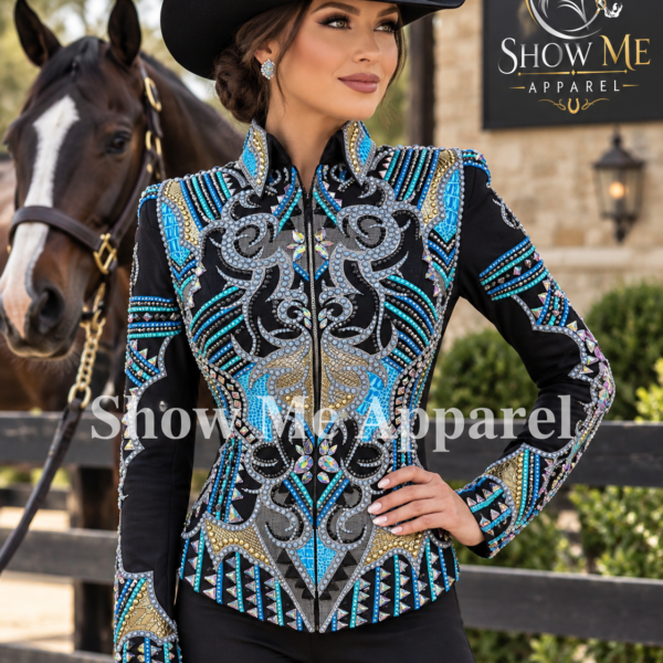 Handmade Western Showmanship Jacket with Black base stretchable fabric. Unique Jewel pieces, with Front hidden zipper  S-Jac-37