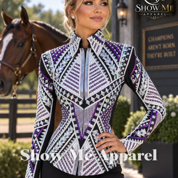 Handmade Western Showmanship Jacket with Black base stretchable fabric. Unique Jewel pieces, with Front hidden zipper  S-Jac-39