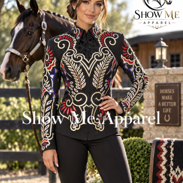 Handmade Western Showmanship Jacket with Black base stretchable fabric. Unique Jewel pieces, with Front hidden zipper  S-Jac-38
