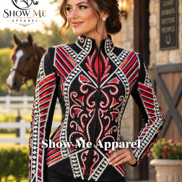 Handmade Western Showmanship Jacket with Black base stretchable fabric. Unique Jewel pieces, with Front hidden zipper  S-Jac-40