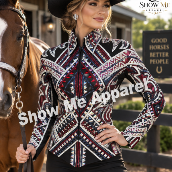 Handmade Western Showmanship Jacket with Black base stretchable fabric. Unique Jewel pieces, with Front hidden zipper  S-Jac-43