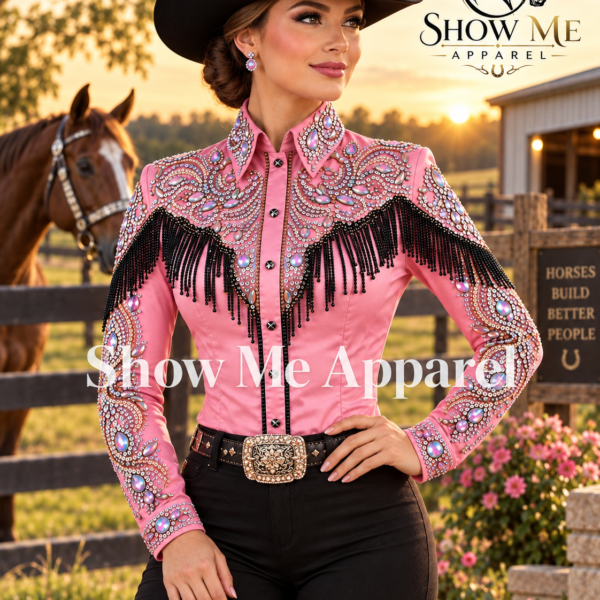 Showmanship Shirt  with Taffeta stretchable fabric. Unique Jewel pieces, with hidden zipper gold nail finished.   Shirt-3
