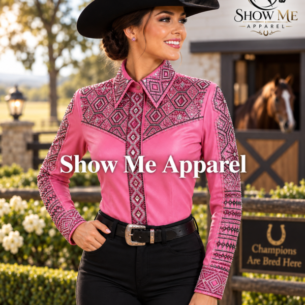 Showmanship Shirt  with Taffeta stretchable fabric. Unique Jewel pieces, with hidden zipper gold nail finished.   Shirt-4