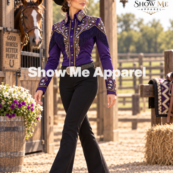 Showmanship Shirt  with Taffeta stretchable fabric. Unique Jewel pieces, with hidden zipper gold nail finished.   Shirt-6
