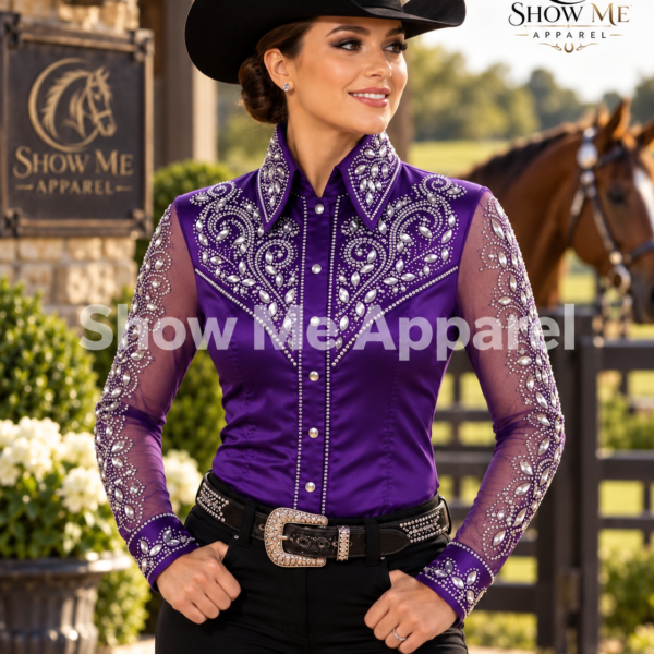Showmanship Shirt  with Taffeta stretchable fabric. Unique Jewel pieces, with hidden zipper gold nail finished.   Shirt-7