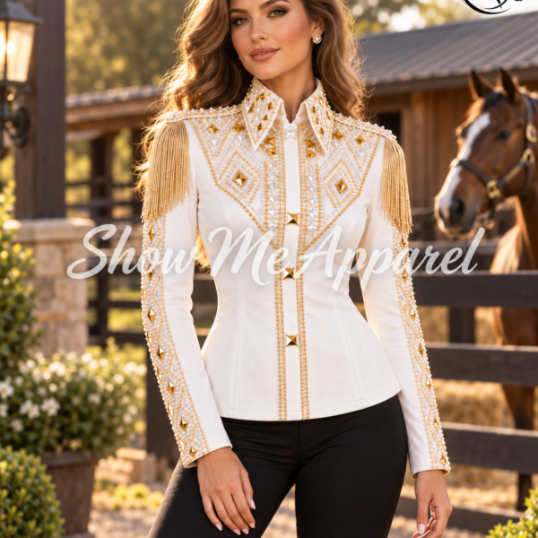 Showmanship Shirt  with Taffeta stretchable fabric. Unique Jewel pieces, with hidden zipper gold nail finished.   Shirt-9