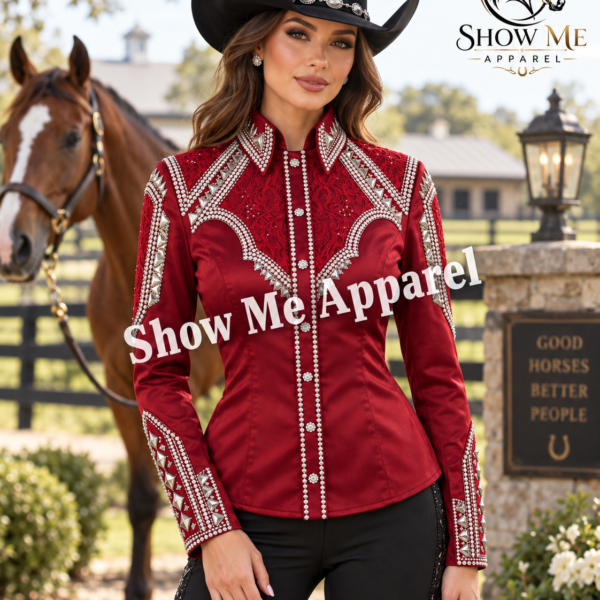 Showmanship Shirt  with Taffeta stretchable fabric. Unique Jewel pieces, with hidden zipper gold nail finished.   Shirt-10