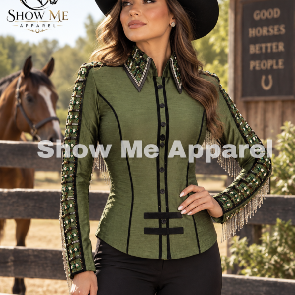 Showmanship Shirt  with Taffeta stretchable fabric. Unique Jewel pieces, with hidden zipper gold nail finished.   Shirt-11