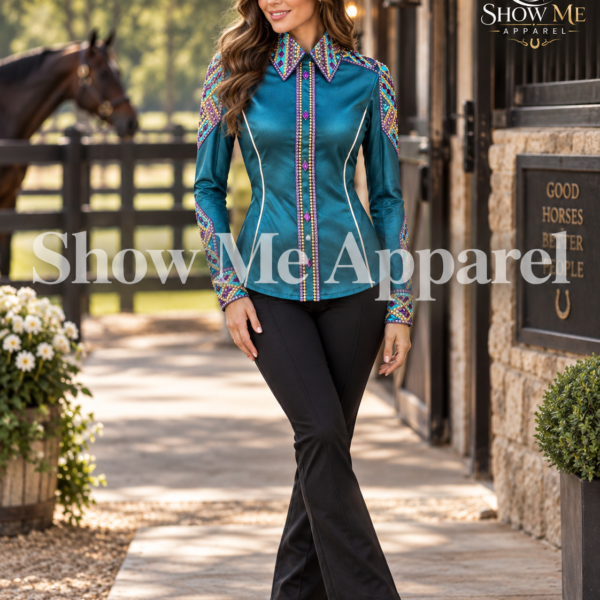 Showmanship Shirt  with Taffeta stretchable fabric. Unique Jewel pieces, with hidden zipper gold nail finished.   Shirt-13