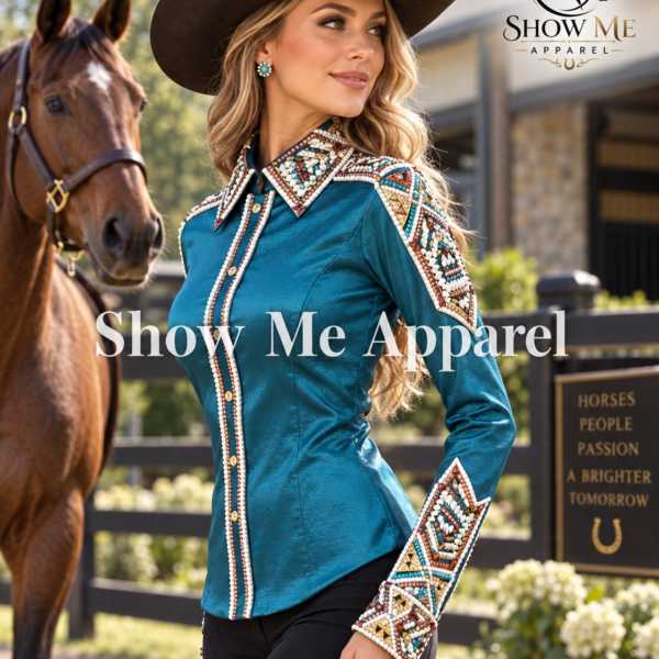 Horsemanship Shirt  with Taffeta stretchable fabric. Unique Jewel pieces, with hidden zipper gold nail finished.   Shirt-20