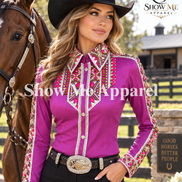 Horsemanship Shirt  with Taffeta stretchable fabric. Unique Jewel pieces, with hidden zipper gold nail finished.   Shirt-24