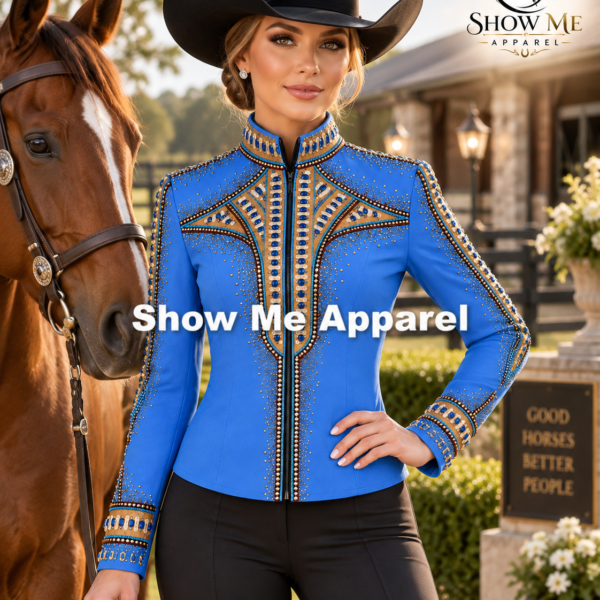 Showmanship Shirt with Taffeta stretchable fabric. Unique Jewel pieces, with hidden zipper gold nail finished. Shirt-28