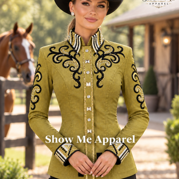 Showmanship Shirt with Taffeta stretchable fabric. Unique Jewel pieces, with hidden zipper gold nail finished. Shirt-29