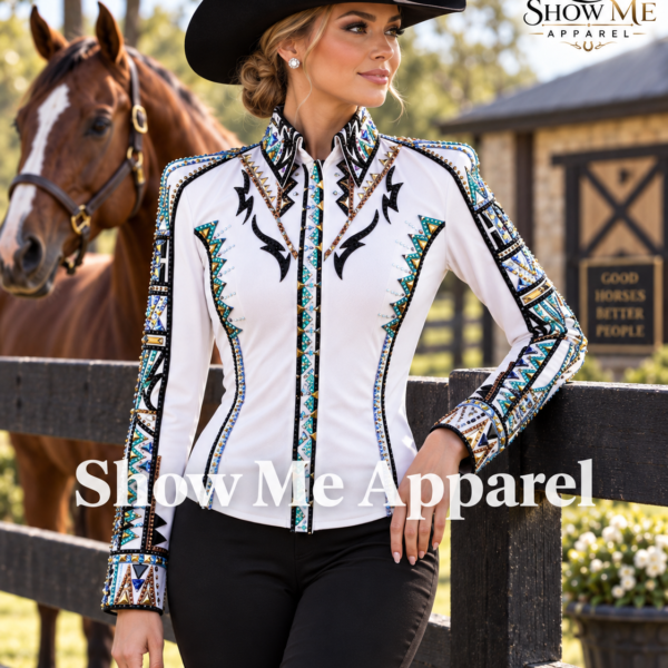 Showmanship Shirt with Taffeta stretchable fabric. Unique Jewel pieces, with hidden zipper gold nail finished. Shirt-31