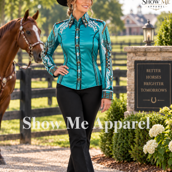 Showmanship Shirt with Taffeta stretchable fabric. Unique Jewel pieces, with hidden zipper gold nail finished. Shirt-32